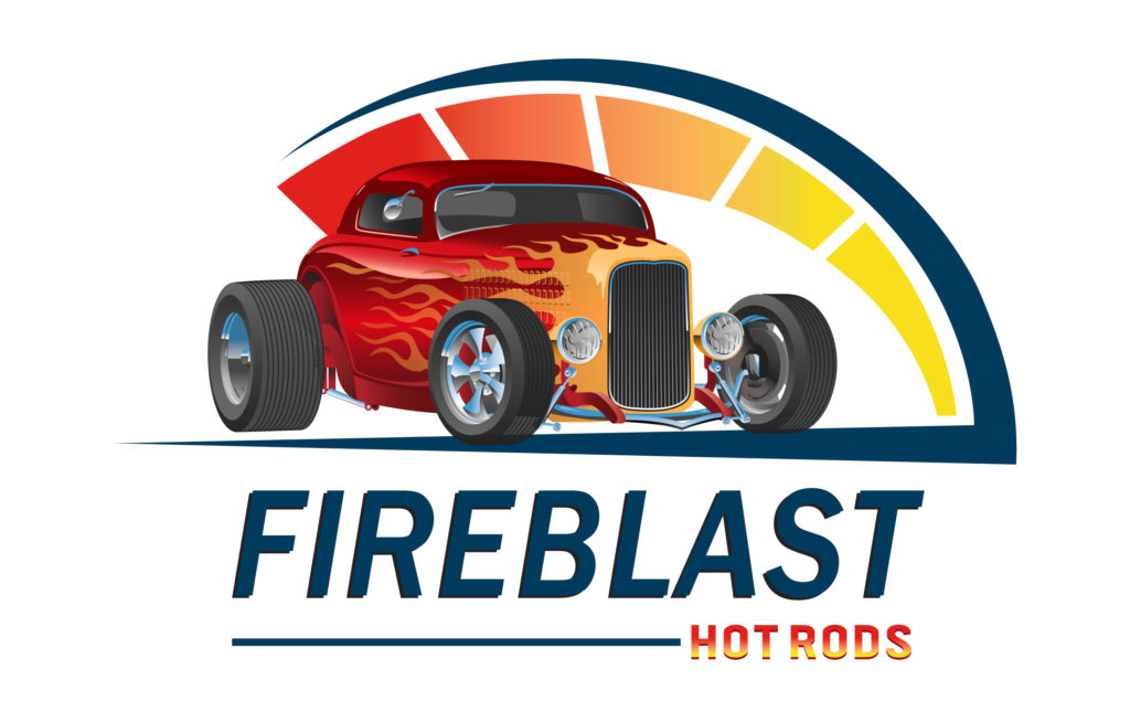 A hot road with the words "Fireblast Hot Rods" written beneath