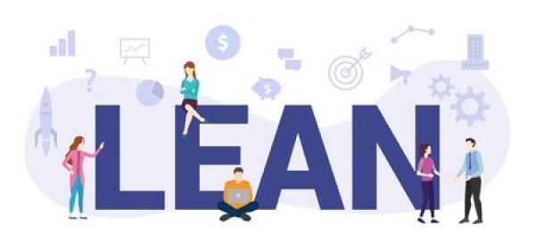 An animation of the word lean with people and manufacturing parts in the foreground and background