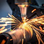 A CNC laser cutting through a metal pipe