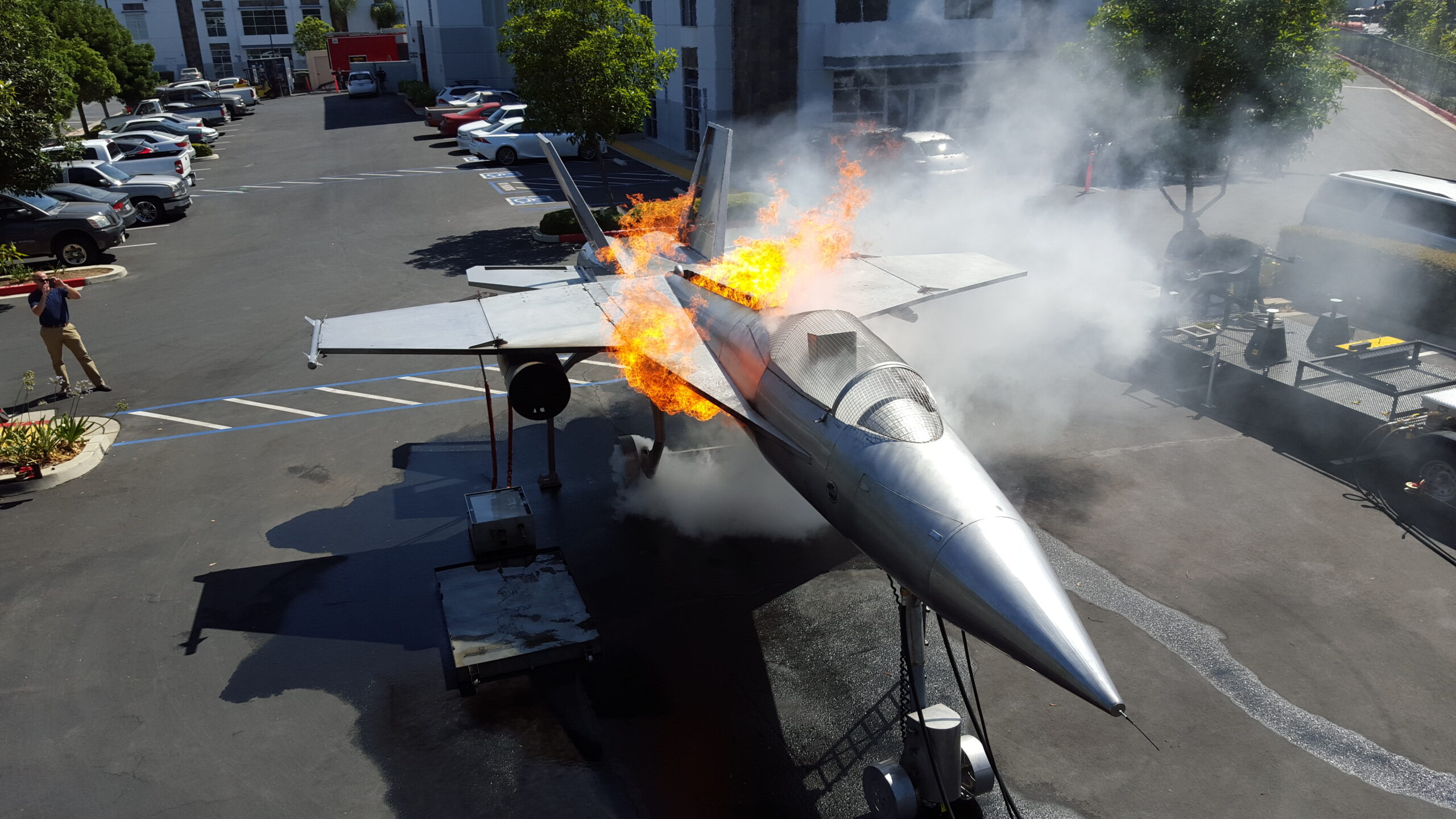 F-35 aircraft live-fire training prop with fire and smoke during ARFF training